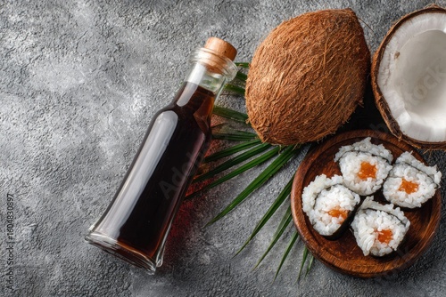 Sushi rolls, coconut, and soy sauce on a textured surface