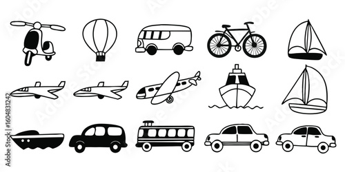 Doodle Style Transportation Icons Featuring Airplanes Cars and Boats on Transparent Background collection transportation icons