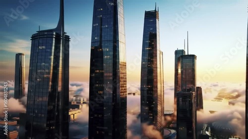 City skyscrapers over a sea of clouds at sunrise