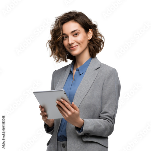 A smiling woman in business attire holding an iPad, standing against a transparent background, professional photograph