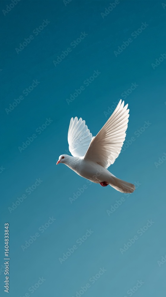 Fototapeta premium White dove soaring gracefully against a vibrant blue sky, embodying concepts of peace, hope, freedom, and spirituality, perfect for conveying messages of tranquility and optimism