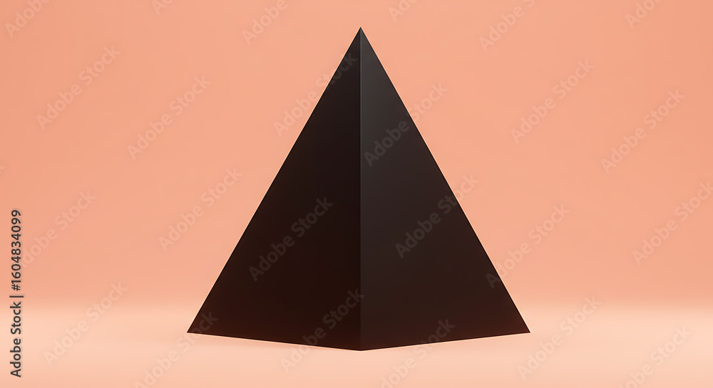 Fototapeta premium A solitary dark pyramid stands against a soft peach background in a studio setting
