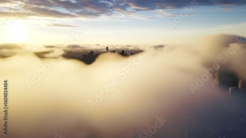 Cityscape shrouded in morning fog