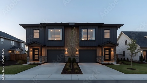 Modern Farmhouse Duplex Exterior Evening Twilight, Clean Lines, Warm Lighting