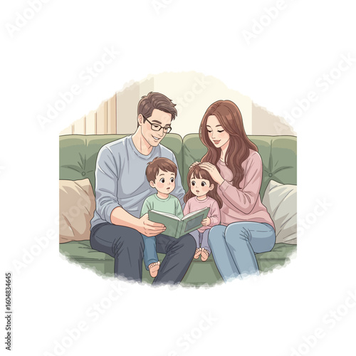 A family of four reading a book together on a comfortable sofa.