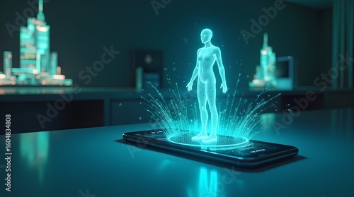 Experience the future A glowing digital human hologram emerges from a smartphone, symbolizing cutting-edge artificial intelligence, virtual interaction, and advanced technological innovation.