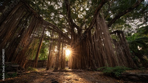 Sunlight streams through ancient banyan tree roots