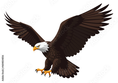 Majestic Bald Eagle with Wings Spread in Flight Vector Illustration.