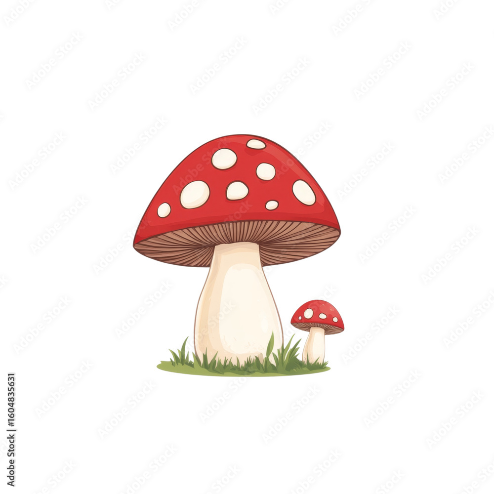 Vibrant red mushroom with white spots stands tall beside smaller mushroom, surrounded by green Vibrant red mushroom with white spots stands tall beside smaller mushroom, surrounded by green