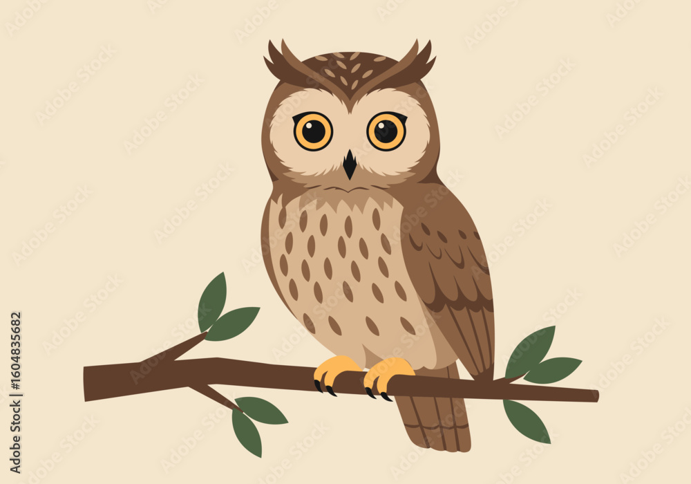 Naklejka premium Cute Cartoon Owl Perched on Branch Detailed Design.