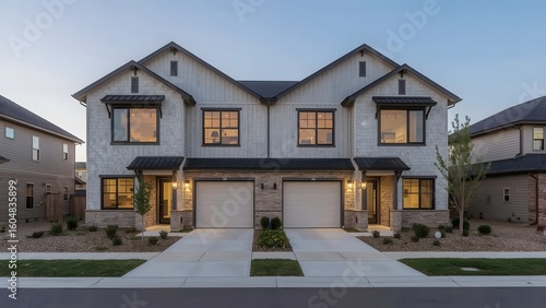 Modern Farmhouse Duplex Exterior, Evening Light, Suburban Setting, Architectural Detail, Real Estate Photography