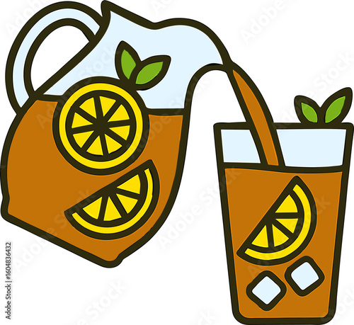 Pouring Iced Lemon Tea from Pitcher to Glass