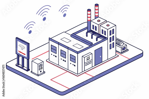 Isometric illustration of smart factory with wireless signal and digital display panel showing data