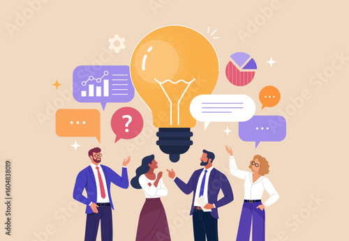 Business Discussion Concept. Vector cartoon full-length illustration in a flat style of various people talking to each other with bubbles and a light bulb over their heads. Isolated on background.