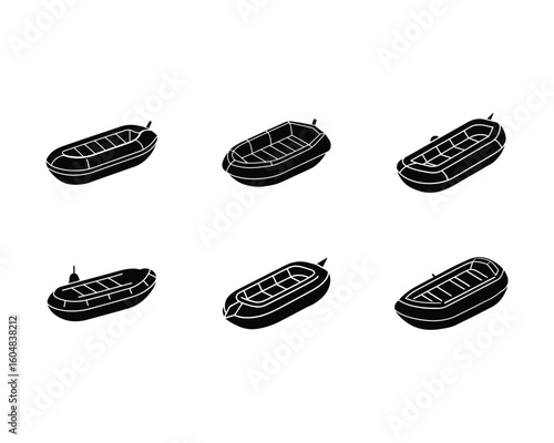 Collection of Black and White Inflatable Raft Silhouettes for Recreational Water Sports Adventures and Outdoor Activities featuring Various Design Options