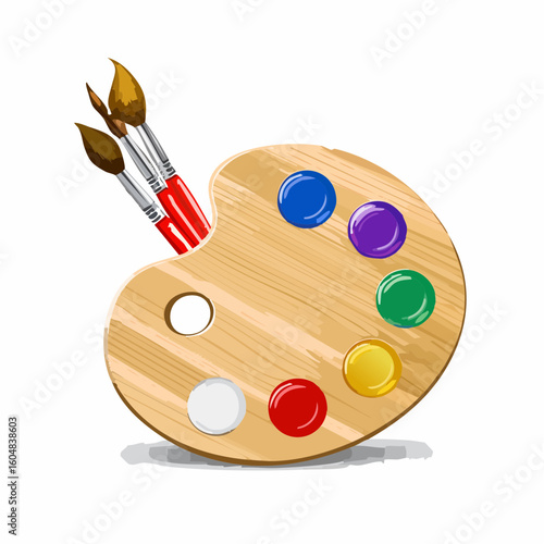 Paint palette and brushes. Painting color pallette, creative drawing tool. Artistic supplies, oil colour pallet on wooden board, artist accessory.
