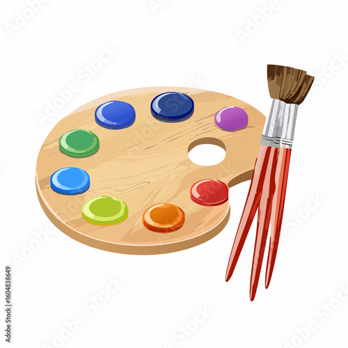 Paint palette and brushes. Painting color pallette, creative drawing tool. Artistic supplies, oil colour pallet on wooden board, artist accessory.