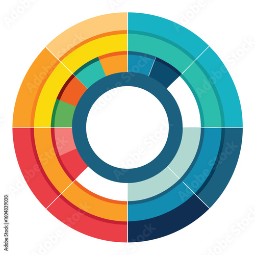 Abstract colorful layered pie chart diagram representing data analysis for business or financial reports on a white background