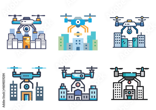Six variations of drone hovering over cityscape, vector illustration icons