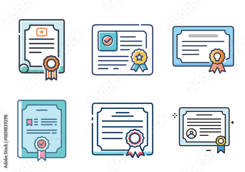 Collection of Six Different Flat Style Certificate or Diploma Vector Icons