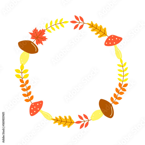 Cute hand drawn flat autumn round frame isolated on white background. Circle composition with mushrooms, amanita muscaria, maple, oak leaves. Seasonal natural decoration.
