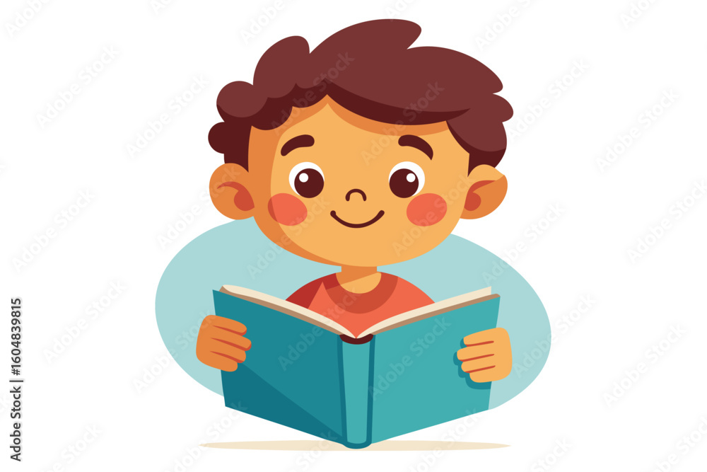 Adorable vector illustration of a cute cartoon girl with long brown hair, smiling while reading a teal book. Adorable vector illustration of a cute cartoon girl with long brown hair, smiling while reading a teal book.