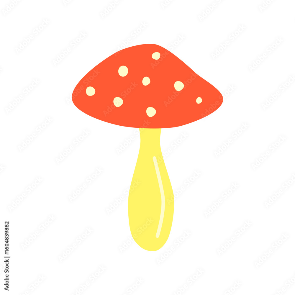 Cute hand drawn flat colored fly agaric amanita mushroom isolated on white background. Cute hand drawn flat colored fly agaric amanita mushroom isolated on white background.