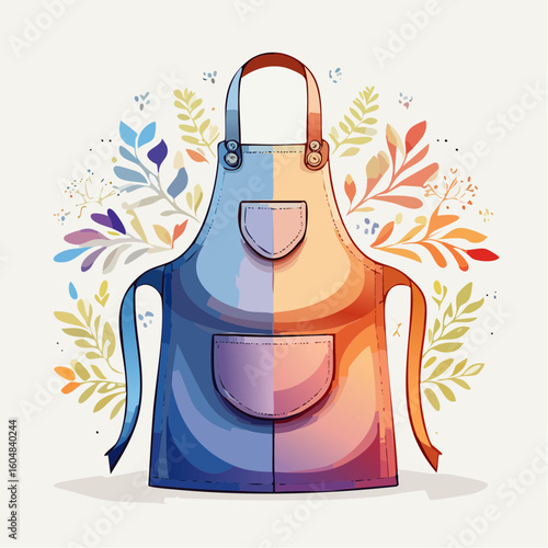 Two-Tone Blue and Orange Apron with Floral Design