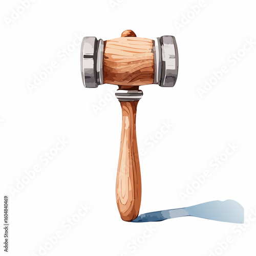 Wooden Gavel with Metal Accents on White Background