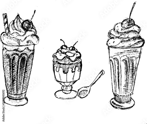 Classic milkshake in glass with whipped cream and cherry on top  