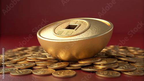 Golden chinese ingot and coins symbolizing wealth and prosperity on a red background