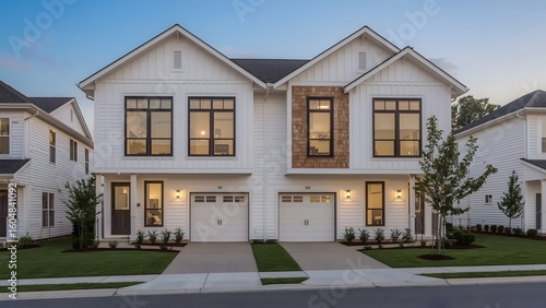 Modern Farmhouse Twin Homes, Evening Twilight, Suburban Development, Warm Lighting, White Siding, Clean Design, Inviting Curb Appeal