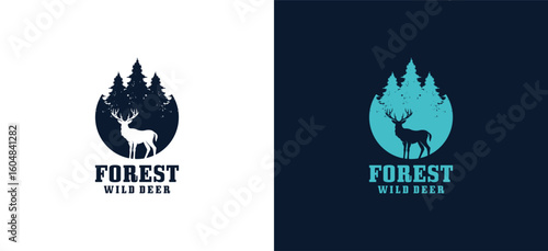 Vector design of a deer silhouette logo standing in the middle of a grove of pine trees