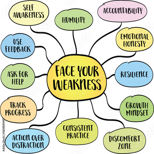 Face your weakness - recognizing the areas in yourself that need growth rather than avoiding or denying them. Infographics mind map.
