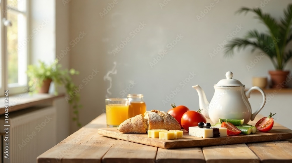 Fototapeta premium A sunlit morning breakfast tableau featuring fresh bread, cheese, juice, and vegetables arranged artfully on a rustic wooden table
