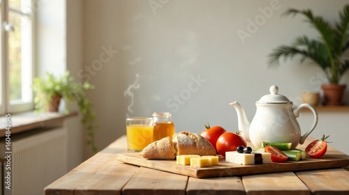Wallpaper Mural A sunlit morning breakfast tableau featuring fresh bread, cheese, juice, and vegetables arranged artfully on a rustic wooden table Torontodigital.ca