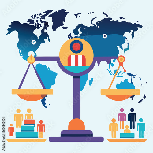 The equilibrium balance of population statistics and global environmental preservation within a flat design vector illustration