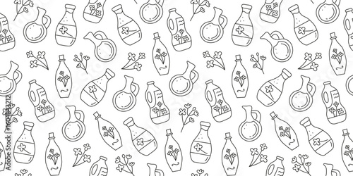 Seamless pattern with doodle outline canola oil in bottles and rapeseed flowers on white background. Healthy nutrition concept. Vegetable fats.