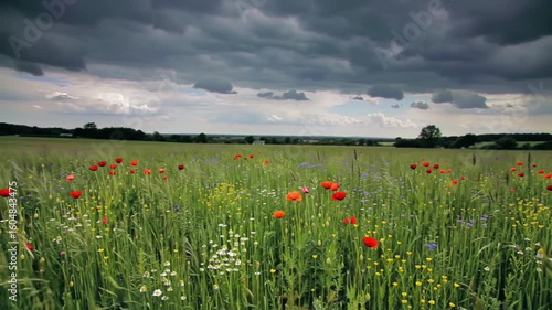 Colorful wildflowers in a field under a stormy sky