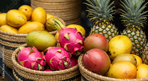 "Tropical Exotic Fruits in Handwoven Baskets at Market Stall"