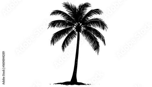 Silhouette of a palm tree against a white background.  Simple, tropical