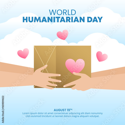 World Humanitarian Day design with hands giving and taking a gift
