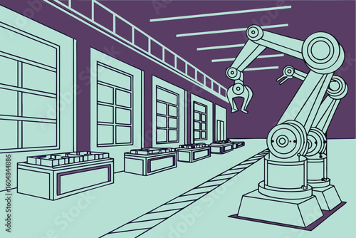 Illustration of a robotic arm in a factory setting with windows and conveyor belts present near it