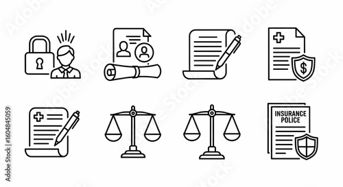 Medical Law and Ethics Line Icon Set – Healthcare Compliance, Patient Privacy, Legal, Insurance, Justice Vector Illustration

