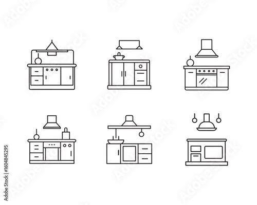 Collection of Kitchen Icon Illustrations Showcasing Different Counter and Cabinet Configurations in Simple Linear Design