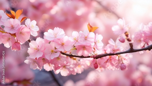 delicate petal pink cherry blossom or sakura blooming during springtime