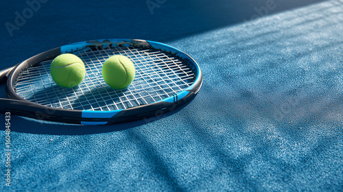 Tennis Racket and Balls on a Sunlit Blue Court