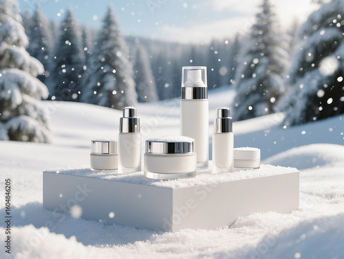White podium displaying products in snowy winter wonderland with falling snowflakes 
