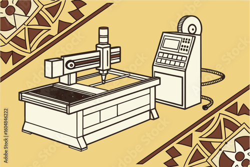 Illustration showing a cnc machine with a control panel and decorative border pattern design