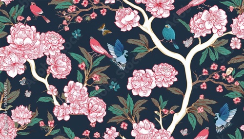 traditional blossom tree with birds and insects seamless chinoiserie pattern